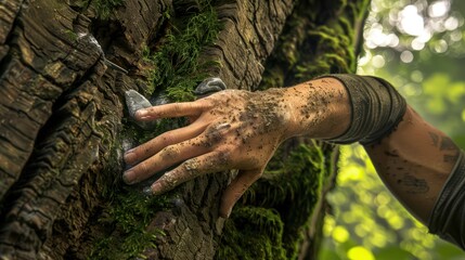 A climber's hand, showing traces of dirt and wear, reaching out to touch moss as a natural grip on a large tree trunk during a forest climb.