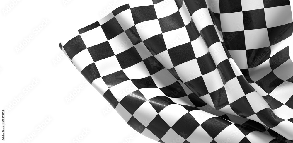 Poster The checkered flag waves in the wind signifying the end of a race