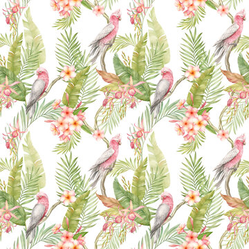 Cockatoos, tropical plants, palm leaves, orchids and plumeria watercolor seamless pattern on white background.