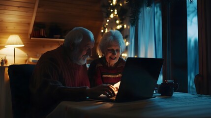 Obraz premium A senior couple smiles as they browse the internet on their laptop.