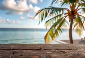 Top of wood table with seascape and palm tree, blur bokeh light of calm sea and sky at tropical beach background