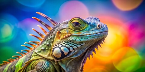 Fototapeta premium Green Iguana Portrait with Colorful Bokeh Background, Reptile, Iguana, Bokeh, Macro