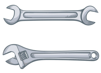 Wrench and adjustable wrench. Vector illustration.