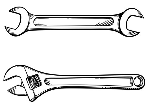 Wrench and adjustable wrench. Black and white illustration of wrenches. Vector.
