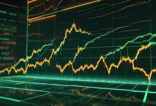 A stock market chart showing a line graph with fluctuating stock prices over time, displayed on a computer screen against a dark green background