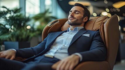 Businessman in a tailored suit resting in a massage chair at an airport lounge, relaxed expression, Businessman in airport, selfcare travel
