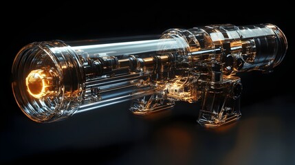 Naklejka premium Transparent Glass Cannon with Glowing Cannonball and Visible Internal Mechanisms