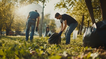 Volunteers, including a Caucasian man, clean up a sunny park by collecting litter.