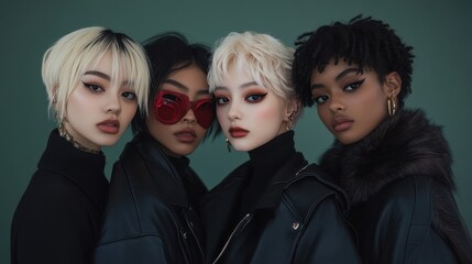 Stylish gen z friends posing in holiday attire - modern fashion and youthful vibe