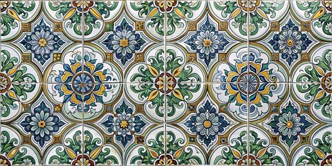 Vibrant Floral Patterned Ceramic Tiles. A detailed image of ceramic tiles featuring intricate floral patterns and vibrant colors.