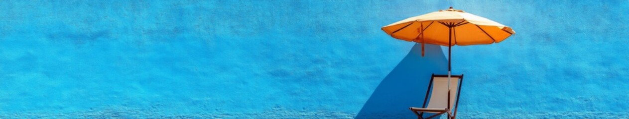 Fototapeta premium Beach Chair and Umbrella on a Blue Wall Background with Duplicate Space, a Clean and Text-Friendly Image Perfect for Blog Posts.