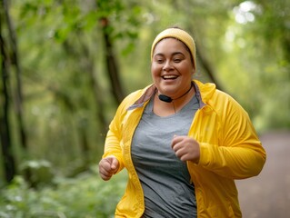 Naklejka premium plump woman jogging in autumn park, close-up, realistic photo, banner, background