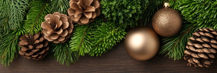 A festive flat lay of ecofriendly holiday decorations inspired by the Year of the Wood Snake including wooden ornaments green foliage and gold accents arranged on a rustic wooden surface