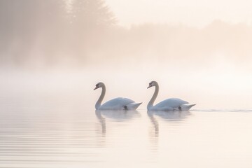 Obraz premium Tranquil morning scene with elegant swans gliding through misty cove waters