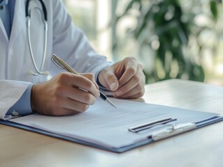 doctor making notes in medical record, close-up, realistic photo, banner, background.