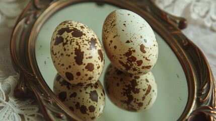 Quail egg with brown spots reflected in a mirror