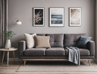 Cozy Modern Living Room With Stylish Gray Sofa and Minimalist Artwork on Walls