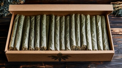 A neatly arranged box containing multiple pre-rolled items, showcasing a natural, earthy aesthetic