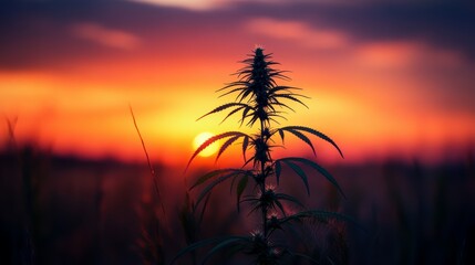 Obraz premium A silhouetted cannabis plant stands against a vibrant sunset, showcasing its intricate leaves and the fading light of the day