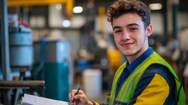 A cheerful youth in a safety vest writes notes in a vibrant workspace - Powered by Adobe