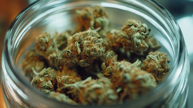 Close-up view of cannabis buds stored in a glass jar, showcasing their texture and coloration