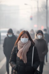 Fototapeta premium Urban life amidst pollution: masked people navigate smoggy city streets