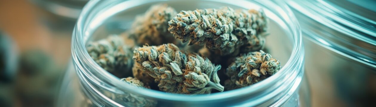 Close-up of dried cannabis buds in a glass jar, highlighting the texture and colors of the plant material