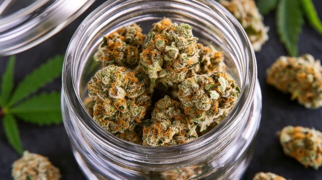 A close-up view of cannabis buds inside a glass jar, surrounded by green leaves on a dark surface, showcasing the texture and color of the buds
