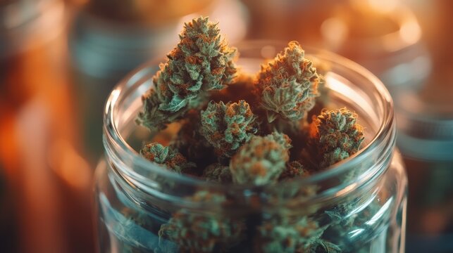 A close-up image of cannabis buds stored in a clear glass jar, with more jars in the blurred background