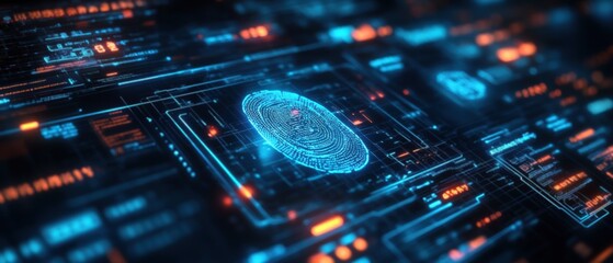 Obraz premium A high-tech digital scene featuring a glowing fingerprint surrounded by intricate circuit patterns and glowing data elements, illustrating themes of security and technology