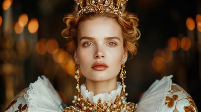 A woman dressed in a medieval queen costume, showcasing intricate details and historical accuracy for Halloween.