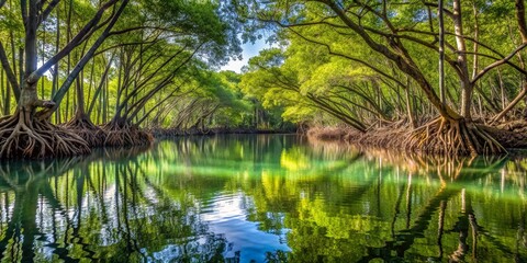 Obraz premium Mangrove Canopy Reflection, Mangrove Forest , Tropical , Water Reflection , Nature
