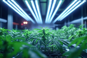 A close-up view of cannabis plants under bright LED grow lights in a controlled indoor environment, showcasing lush green foliage and healthy growth