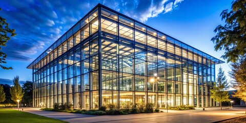 Fototapeta premium Modern Glass Building at Night with Blue Sky and Trees, architecture , glass , building , night