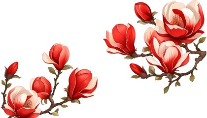 The delicate red magnolias and branches complement each other, showing the vitality of spring.