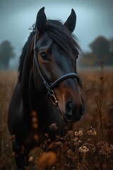 Obraz premium Majestic Brown Horse Running Through a Flower Field - A stunning image of a brown horse galloping through a field of yellow flowers, capturing the grace and power of the animal in motion.