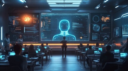 Futuristic Classroom with Interactive AI Teaching: A classroom where an AI teacher interacts with students.