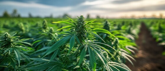 Obraz premium A lush field of cannabis plants bathed in golden sunlight, showcasing vibrant green leaves and dense buds, under a dramatic sky