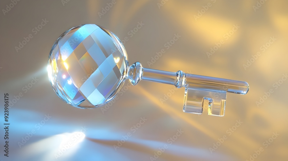 Poster transparent glass key floating in midair with refracting light