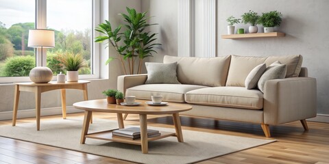 Modern Living Room with Beige Sofa and Wooden Coffee Table, Interior Design, Home Decor, Living Room Furniture, Beige Sofa, Wooden Coffee Table