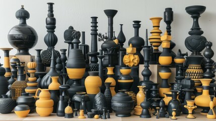 a large group of black and yellow objects