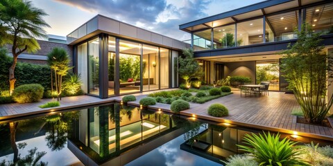 Obraz premium Modern Minimalist Courtyard with Reflecting Pool, Landscape Design, Architecture, Outdoor Living, Minimalism