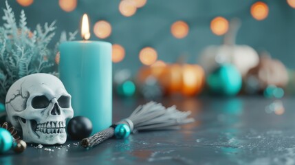 A detailed shot of spooky Halloween decorations featuring witches' brooms, skulls, and candles, creating a chilling yet festive vibe for themed projects.