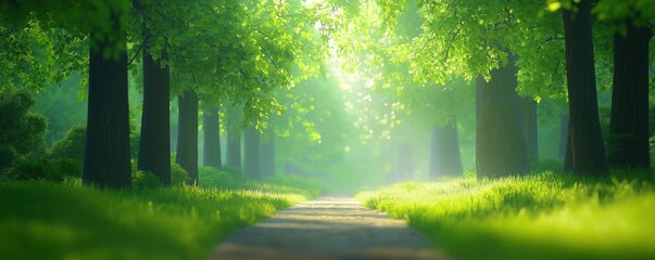 Obraz premium Forest trail with dappled sunlight, serene nature scene, 3D illustration