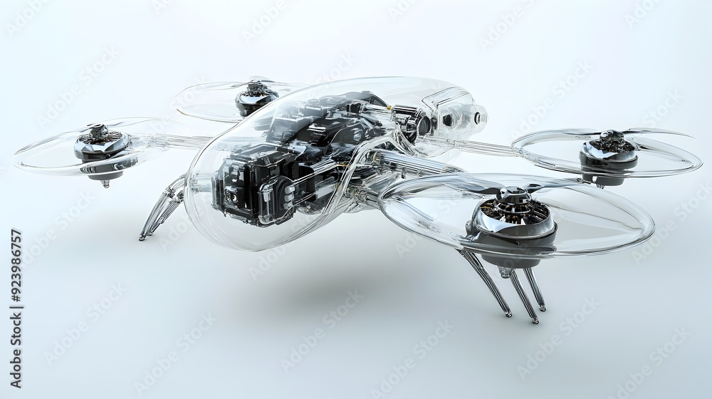 Poster transparent glass military drone with visible propellers and internal electronics