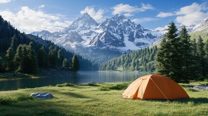 An orange tent rests peacefully on a grassy bank by a lake, surrounded by majestic snow-capped mountains and vibrant green trees under a clear blue sky