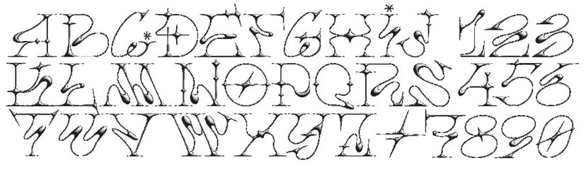 Edgy Y2K vector alphabet font with liquid, grunge textures and tribal shapes. Combines acid and neotribal vibes with gothic and emo elements, featuring starry sparks and unique typography.