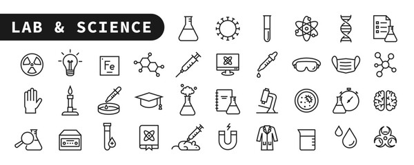 Lab and science line icon set. Editable stroke. Laboratory equipment icons. Flask, microscope, syringe, pipette, petri dish... Simple outline symbols. Vector Illustration