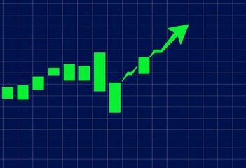 A stick graph chart of stock market investment trading with blue bars representing increasing values over time
