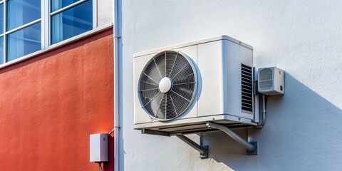 Outdoor Air Conditioner Unit on a White Wall with Red Wall and Window, Air Conditioning , HVAC , outdoor unit , residential